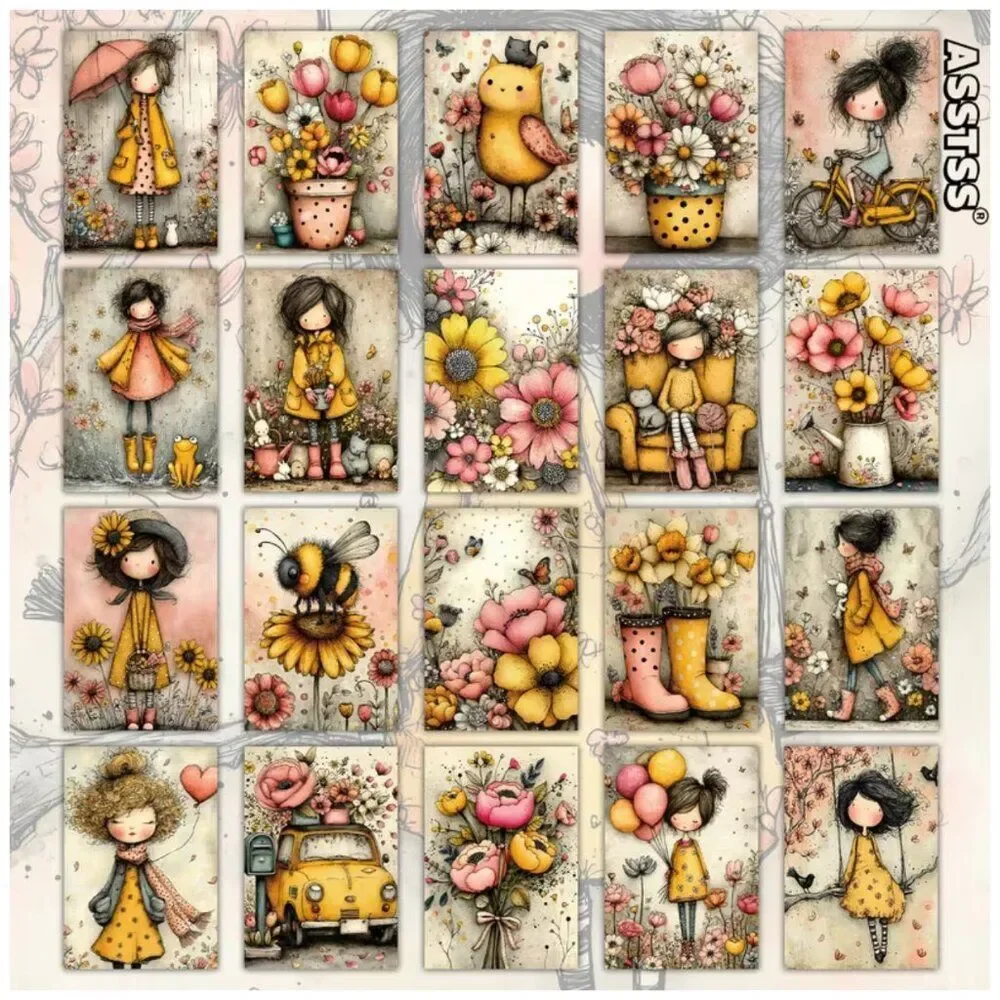 NWT 20pc Whimsical Girl Watercolor Postcard Art Collage Kit 4x6